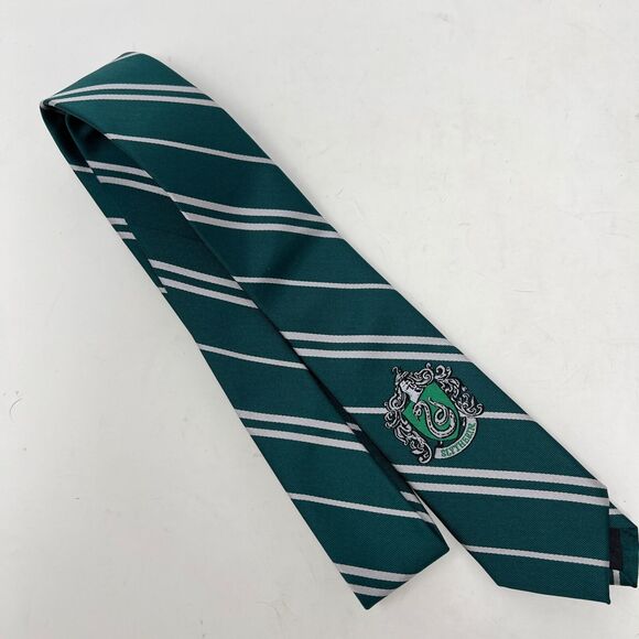 Harry Potter Mens Tie Slytherin Green Gray Striped 100% Microfiber - Picture 1 of 8